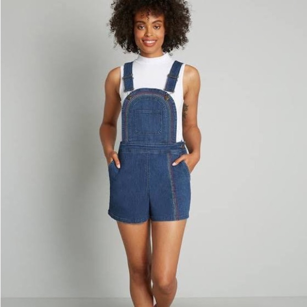 ModCloth bouncing over the rainbow jean short overalls